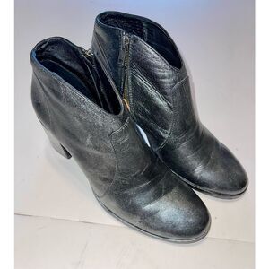 Frye Nora Ankle Boot 7 Leather Gunmetal Metallic Side Zip Block Heel